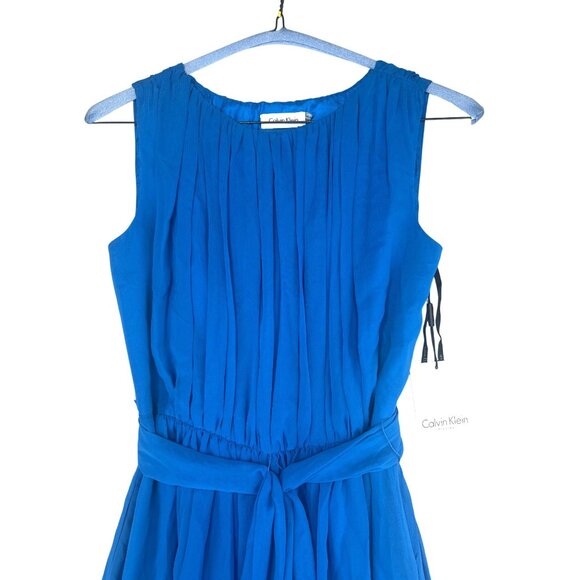 Calvin Klein Blue Sleeveless Pleated A-Line Dress With Belt Size 4 - Picture 7 of 11